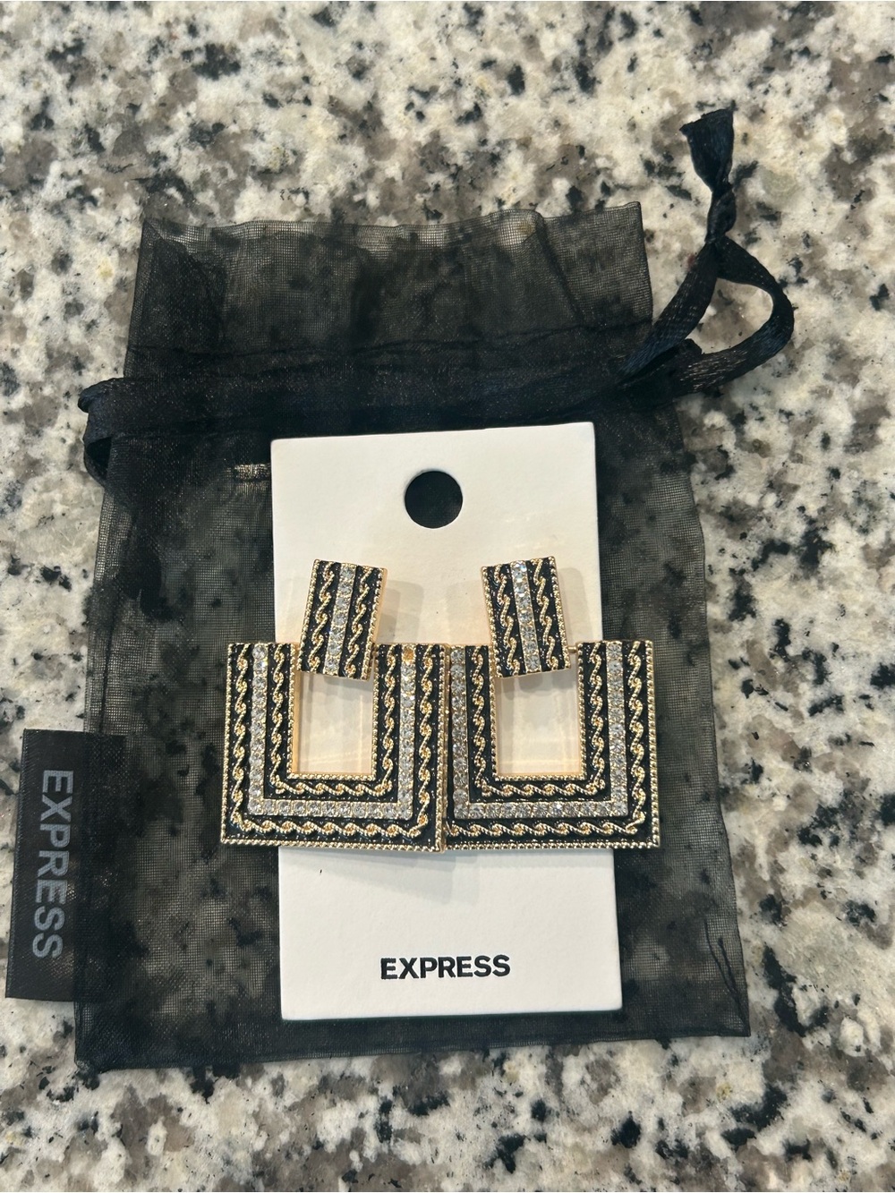 NWT Express Gold Tone Geometric Statement Earrings Rhinestone